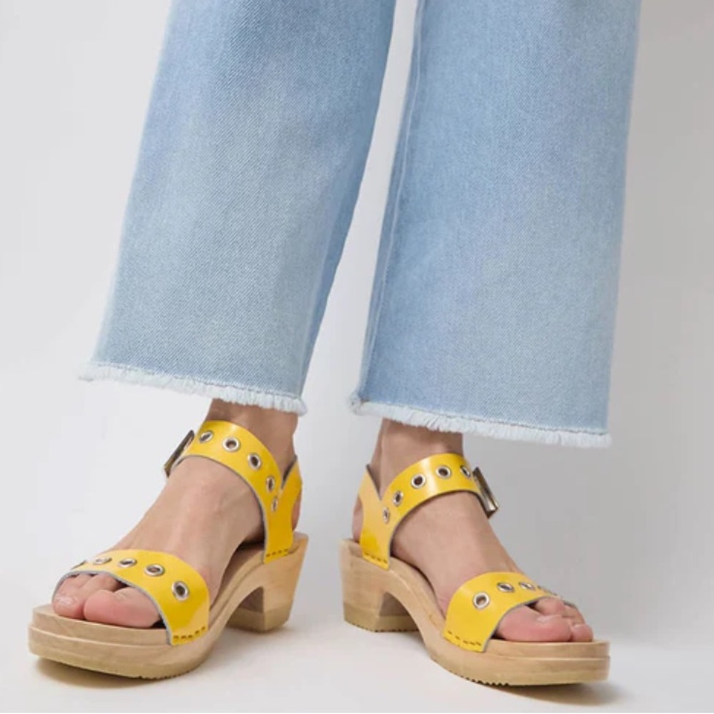 Strap Clog on Mid Heel in Yellow Patent with Eyelets
